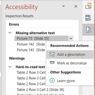 Accessibility checker displaying missing alt text with the option to add a description.