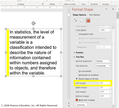 Screenshot of placeholder box left margin set at 0.3 inches.